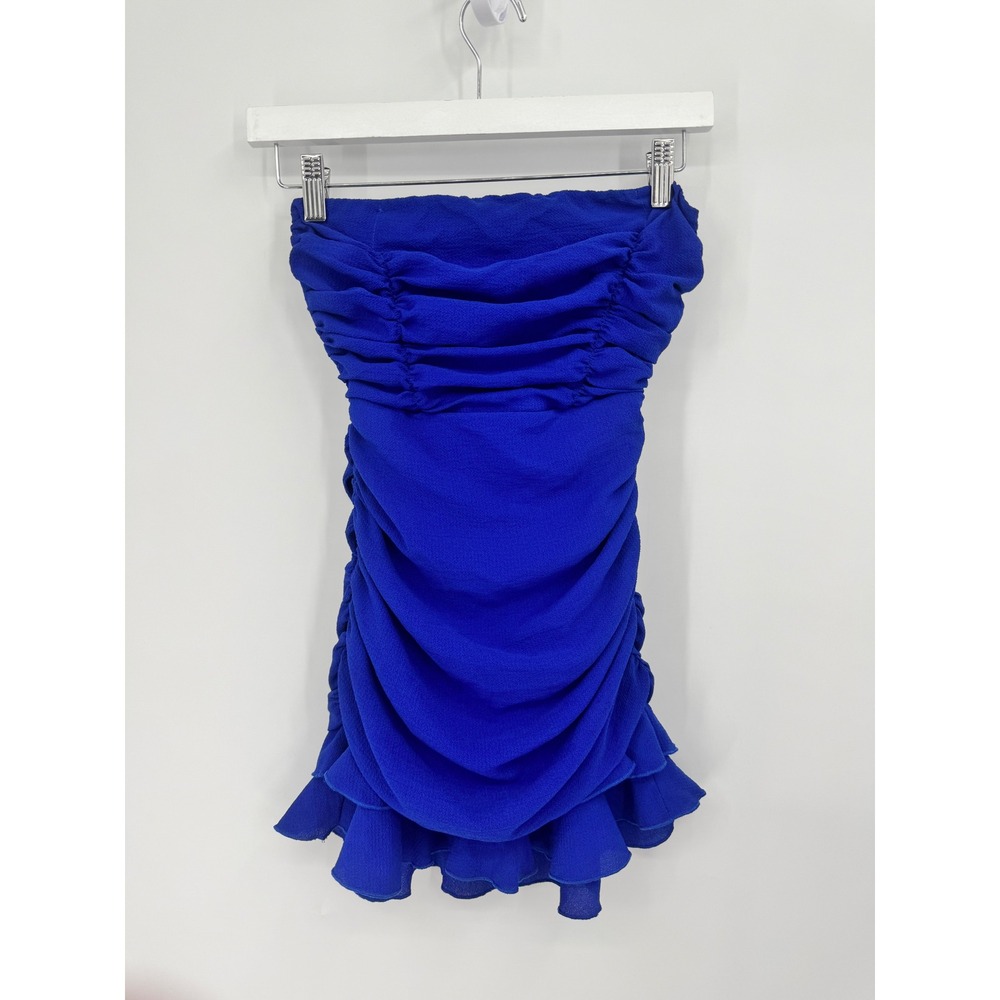Lucy In The Sky Mini Dress Women XS Royal Blue Ruched Strapless Ruffle Tie Back